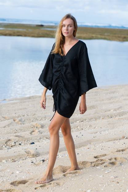 Lněné černé šaty s rukávy