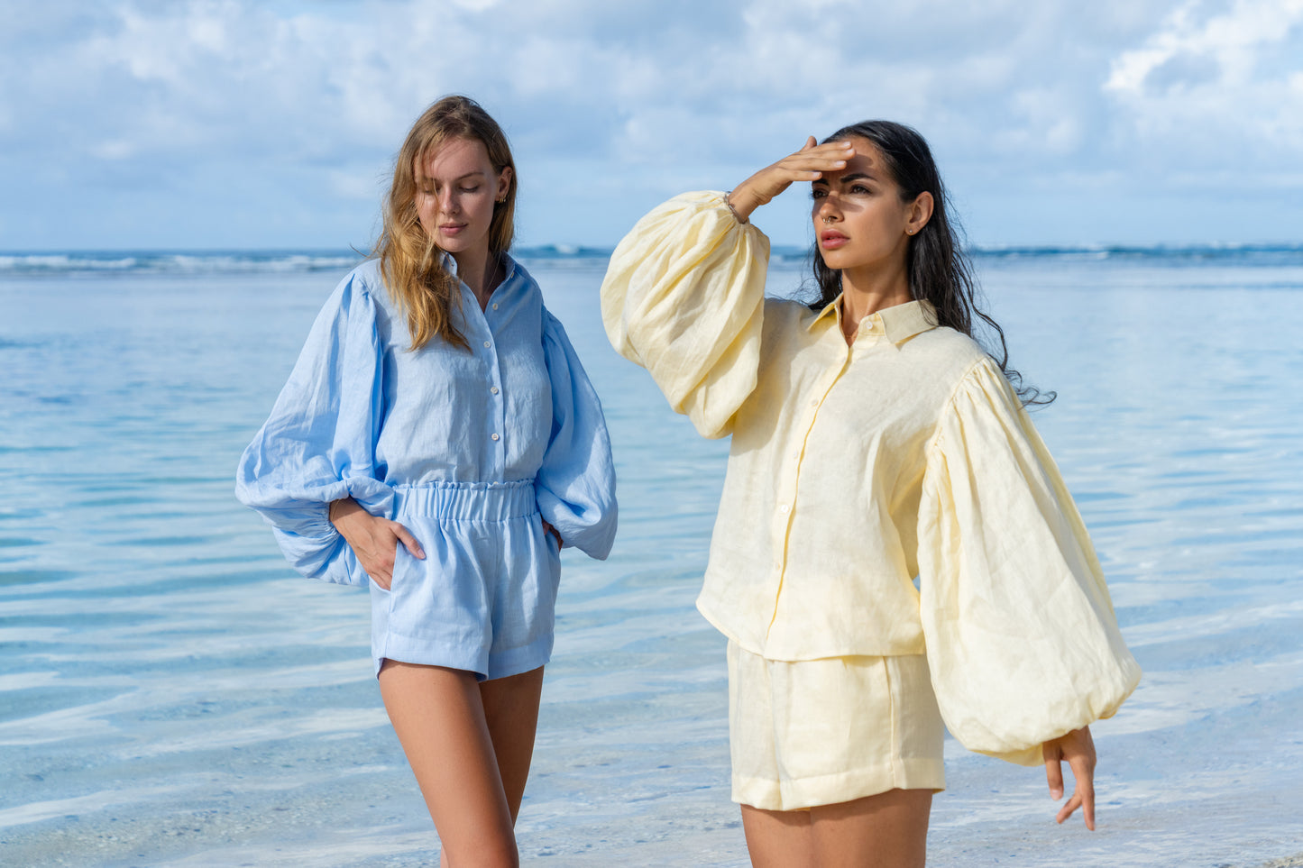 Lněná modrá košile a šortky